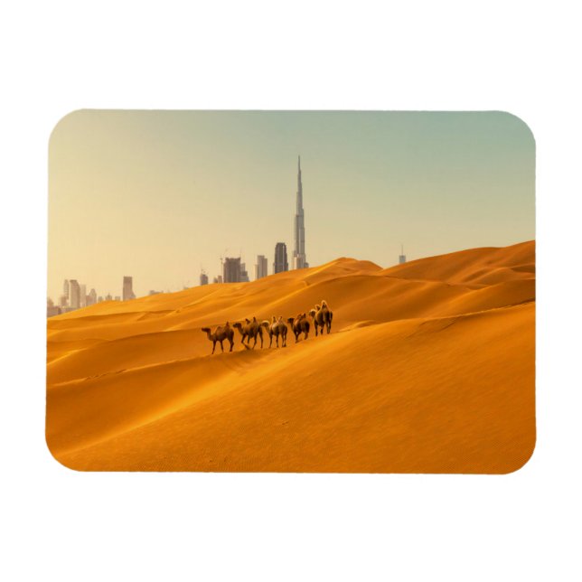 Ímã Desertos | Vista Skyline do Dubai com Camelos (Horizontal)