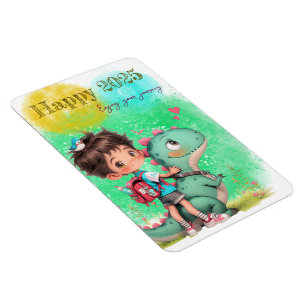 Ímã Desfrute da sua caricatura de Journey Boy & Dinosa