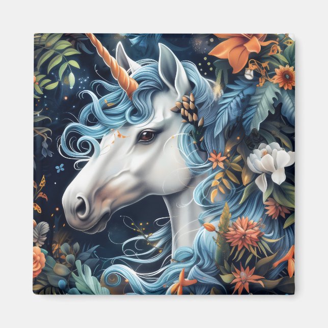 Imã Design de fantasia de Unicórnio e flores (Frente)
