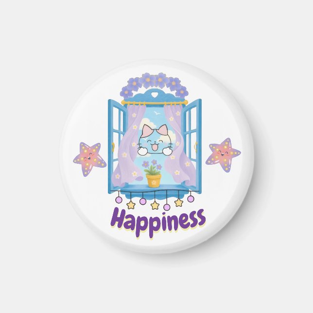 Imã Design de Gatinho Kawaii Feliz (Frente)