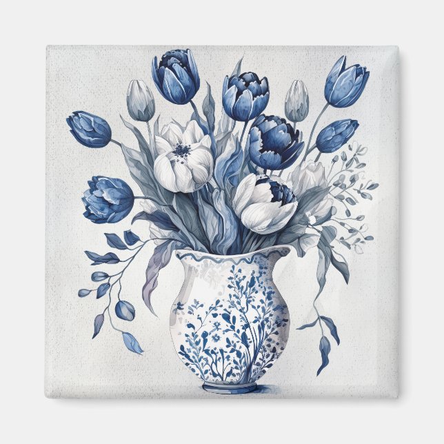 Imã Design de tulipa do estilo Delft azul e branco (Frente)