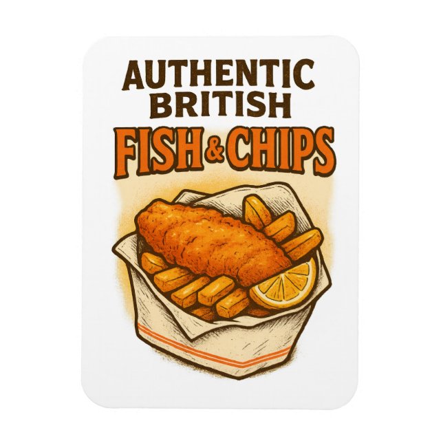 Ímã Design Vintage "Authentic British Fish & Chips" (Vertical)
