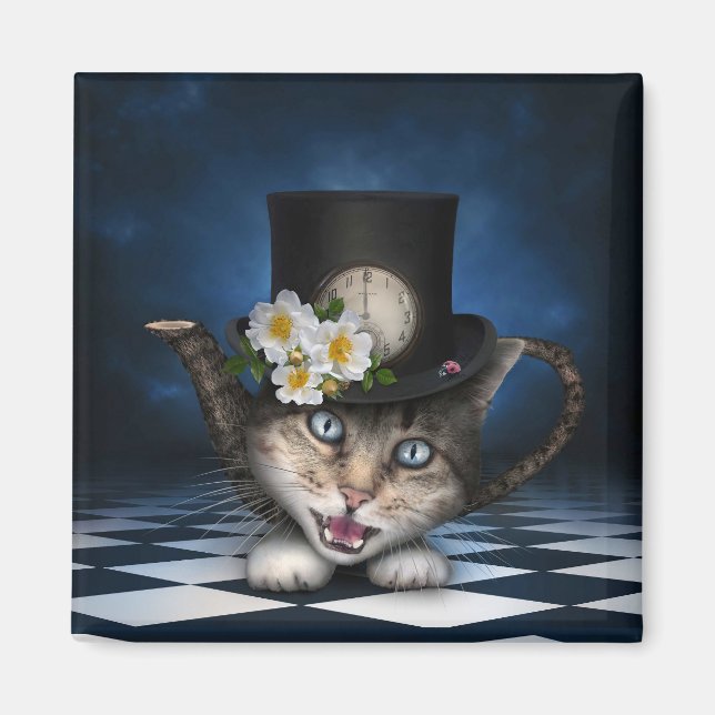 Imã Design Whimsical Teapot Gato Mad Hatter (Frente)