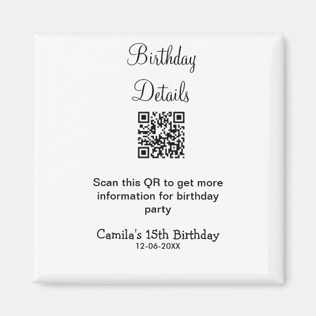 Imã Detalhes da festa de aniversário de verificação QR (Frente)