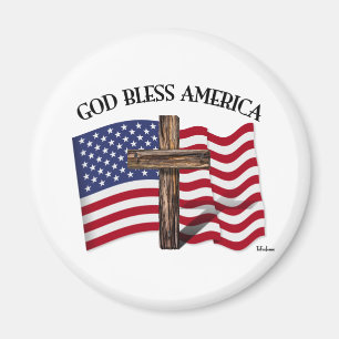 Imã DEUS ABENÇOE A AMÉRICA com cruz robusta e bandeira