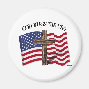 Imã DEUS ABENÇOE OS EUA com cruz robusta & bandeira do