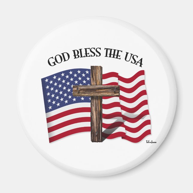 Imã DEUS ABENÇOE OS EUA com cruz robusta & bandeira do (Frente)