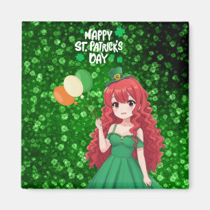 Imã Dia de São Patrício fofo, garota anime irlandesa