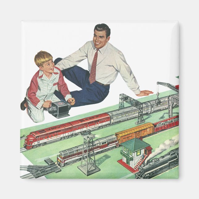 Imã Dia dos Pais Vintage, Pai e Filho com Trens (Frente)