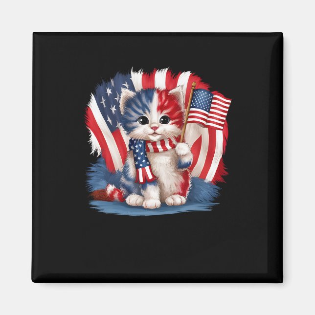 Imã Dia Memorial Cat Funny Kitten 4 De Julho Patrioti (Frente)
