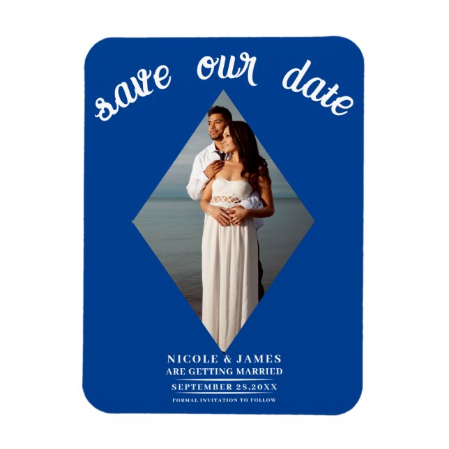 Ímã Diamante Azul Profundo Foto Casamento Salve a Data (Vertical)