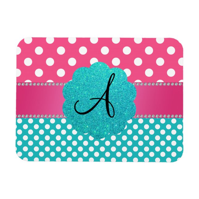 Ímã Diamantes de bolinhas monogramas cor-de-rosa (Horizontal)