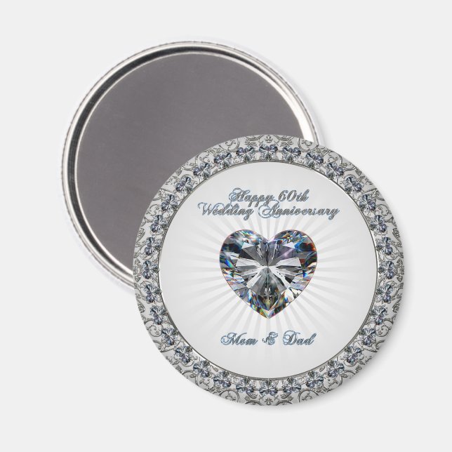 Imã Diamond Heart 60th Wedding Anniversário Magnet (Front/Back)