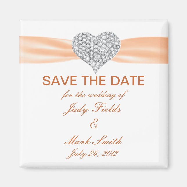 Imã Diamond Heart Orange Weding The Date Magnet (Frente)