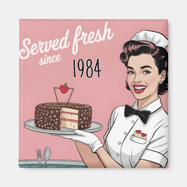 Imã Diner Pin-Up: Retro Waitress and Custom Year (Frente)