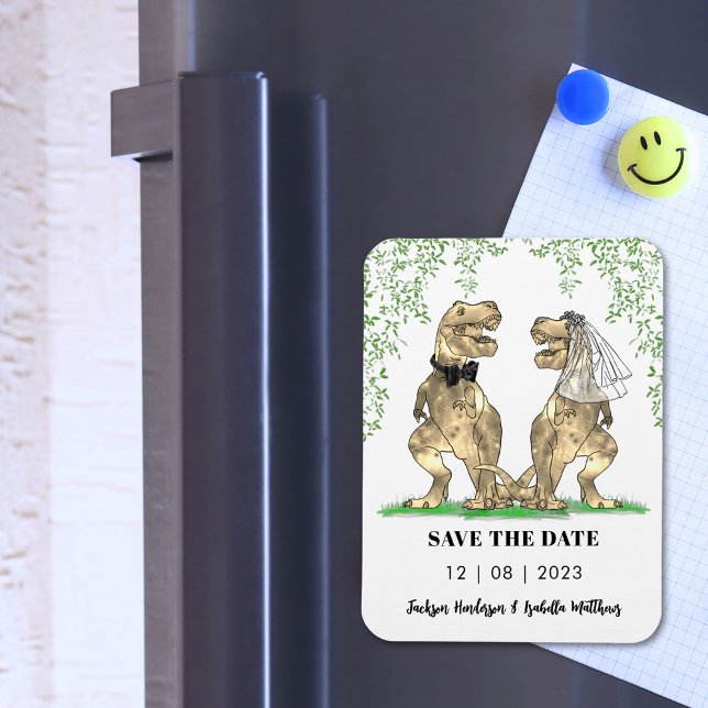 Ímã Dinossaur Pensou Que O Casamento Salvou A Data (T-Rex bride and groom funny dinosaur wedding save the date magnet)
