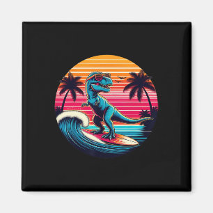 Imã Dinossauro Engraçado Surfando Pôr do Sol Retro Hom