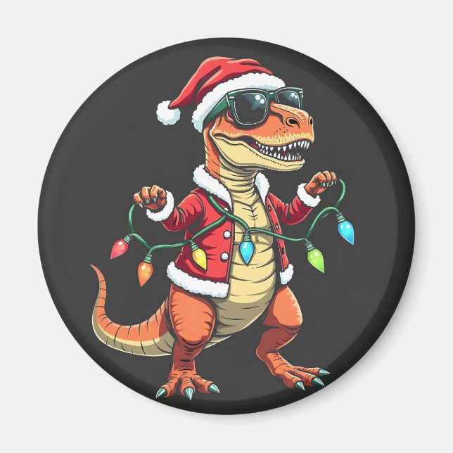 Imã Dinossauro Envolvido com Luzes de Natal Santa Hat (Frente)