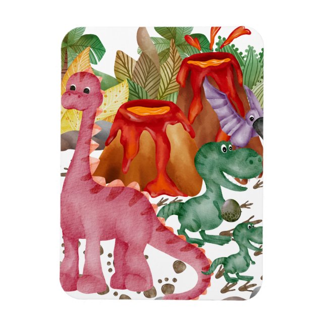 Ímã Dinossauro Fofo E Vulcão Em Erupção (Vertical)