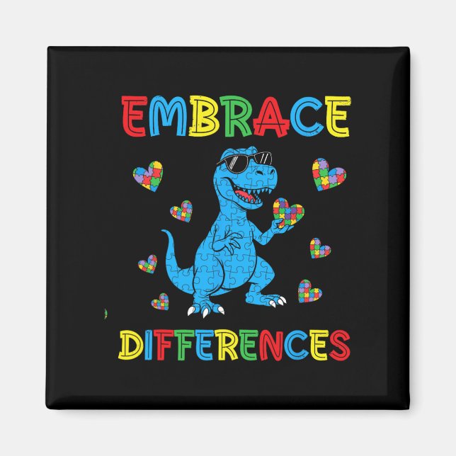 Imã Dinossauro T-rex Quebra-cabeça Abraçar Diferenças  (Frente)