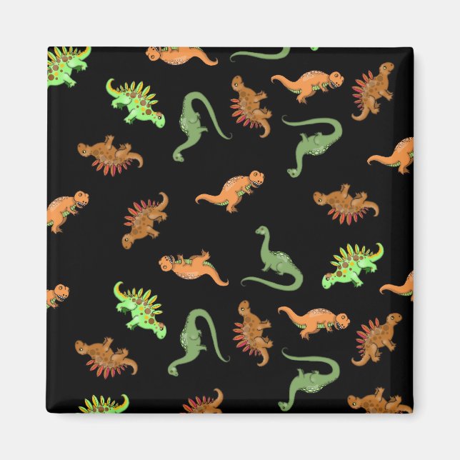 Imã Dinossauros Fofos em Fundo Preto (Frente)