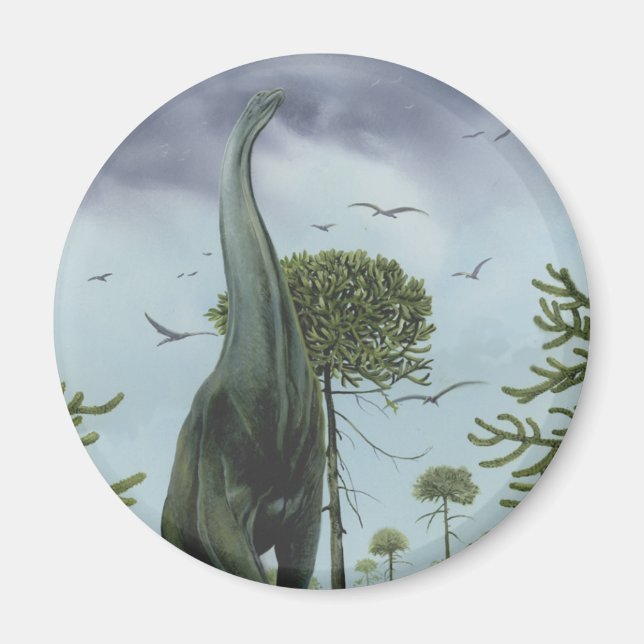 Imã Dinossauros Vintage, saurópodes com Aves Voando (Frente)