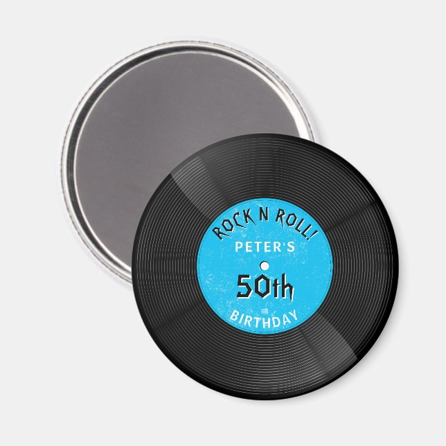 Imã Disco de Vinil Retrô Rock N Roll Azul de Aniversár (Front/Back)