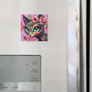 Imã Diva Whimsical Big Eye Cat Gatinho Floral