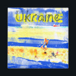 Imã Diversão Costeira Praia Amarelo Azul Prateado N<br><div class="desc">Baseado na minha trabalho de arte. Gouache e tinta em papel texturizado. Um menino brincando com a areia,  grande navio de contentores passando. Aproximadamente em cores ucranianas.</div>