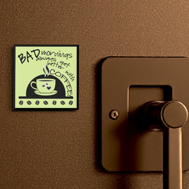 Imã Diversão das manhãs verdes com arte de café em equ (2" square coffee magnet)