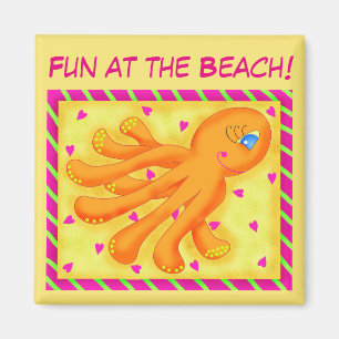 Imã Diversão em Laranja Amarelo Octopus Whimsy Beach