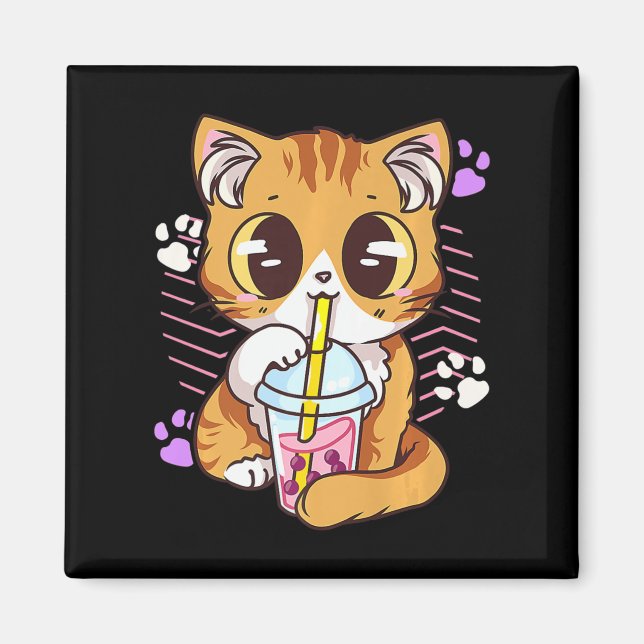 Imã Diversão Kawaii Cute Cat Boba Bubble milk Tea Anim (Frente)