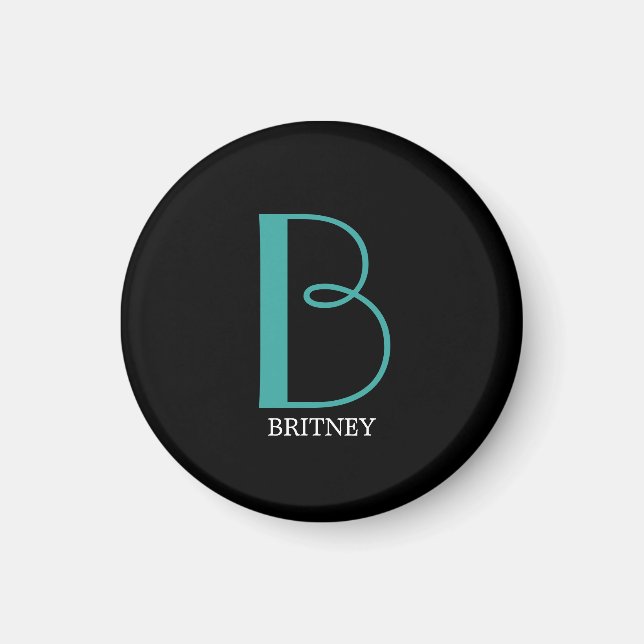 Imã DIY Grande Monograma & Nome, Texto Branco/Teal, Pr (Frente)