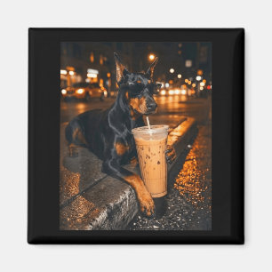 Imã Doberman Bebendo Café Gelado Amante de Cachorro En