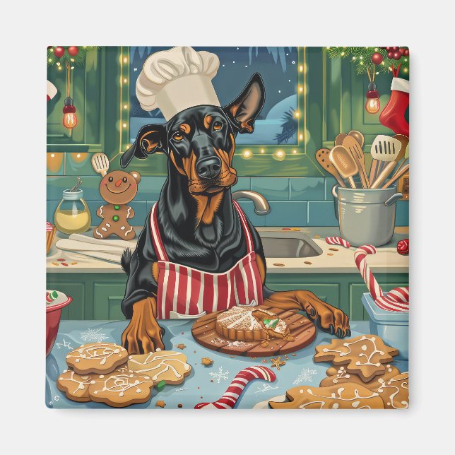 Imã Doberman Pinscher Holiday Baking Festivo Natal (Frente)