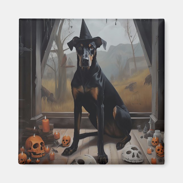 Imã Doberman Pumpkins Halloween Scary (Frente)