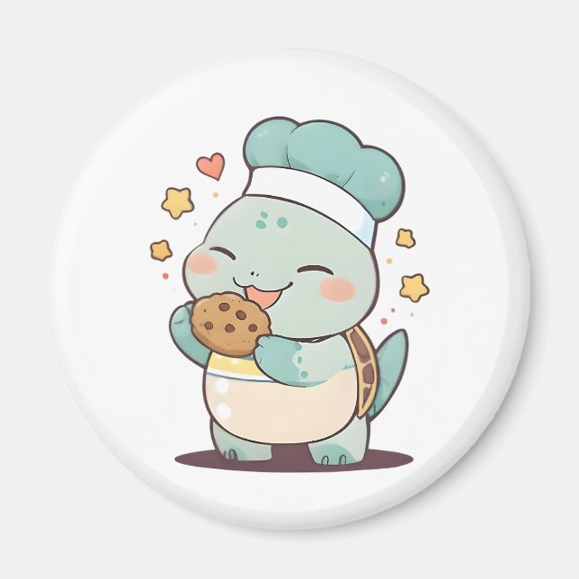 Imã Doce Chef Tartaruga Comendo Biscoito Design Kawaii (Frente)