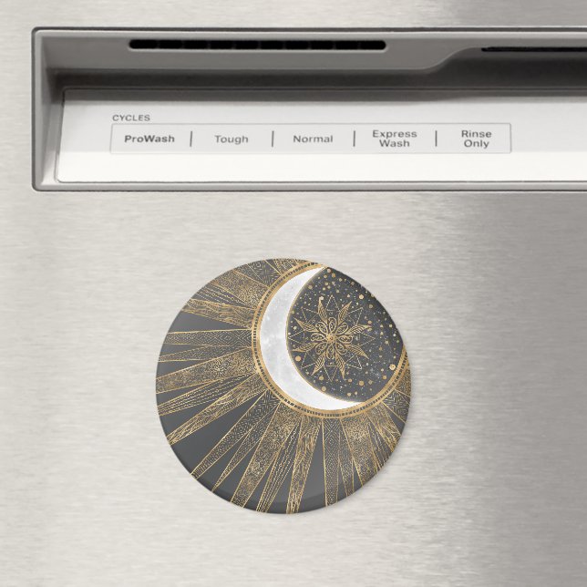 Imã Dodles Dourados Elegantes Sun Moon Mandala Design (In Situ (Dishwasher))