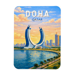 Ímã Doha Qatar Ilustração Arte de Viagem Vintage