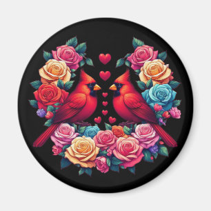 Imã Dois Cardeais com Rosas e Corações Coloridos