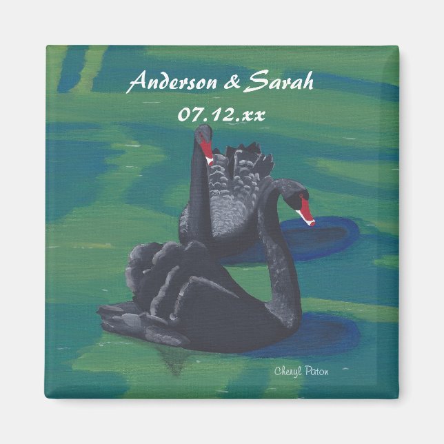 Imã Dois Cisnes Negros Nadando Magnetos Personalizados (Frente)