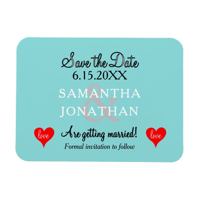 Ímã Dois Corações Casamento Azul Seafoam (Horizontal)