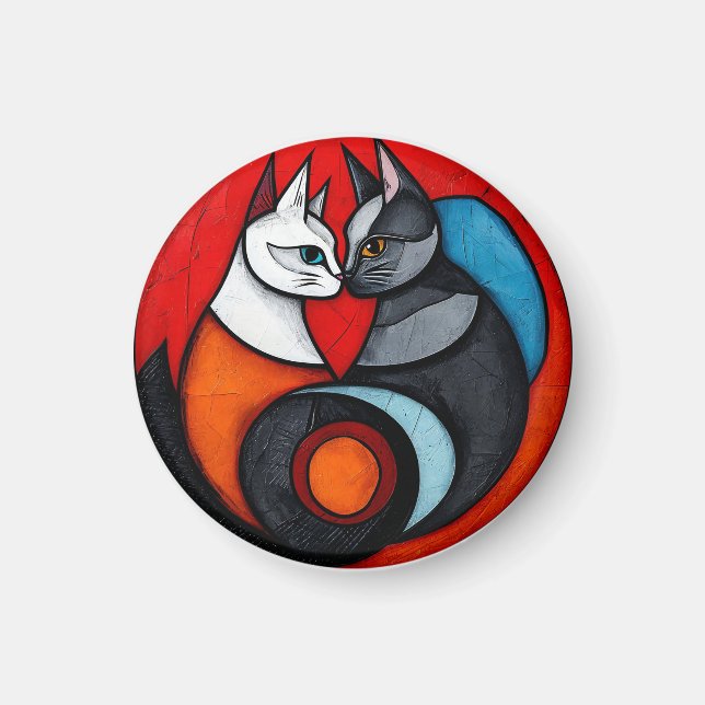 Imã Dois Gatos em Desenho Circular Vibrante (Frente)