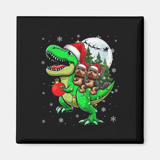 Imã Dois Xmas Yorkshire Terriers a Andar em T-rex Rein (Frente)