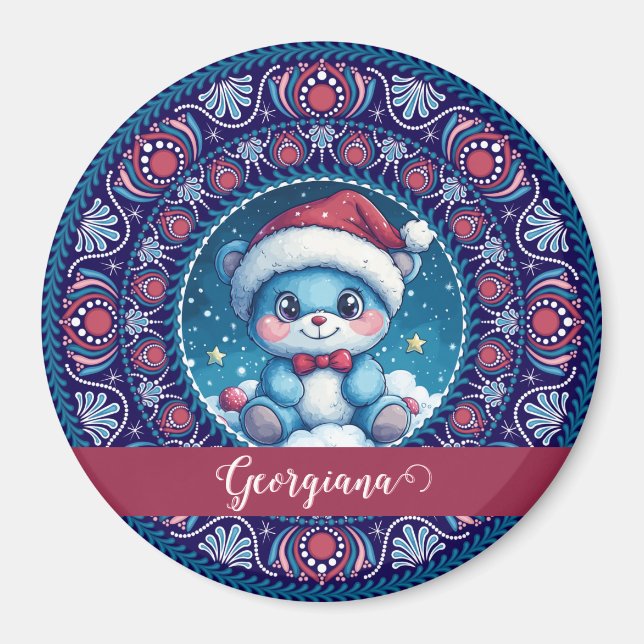Imã Dot do Urso Kawaii Personalizado de Natal Mandala (Frente)