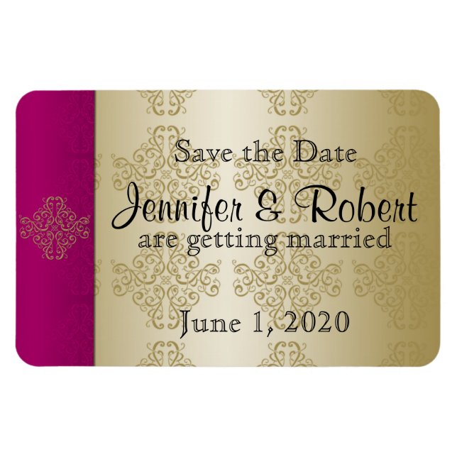 Ímã Dourada Burgundy Damask Posh Wedh Salvar a Data (Horizontal)