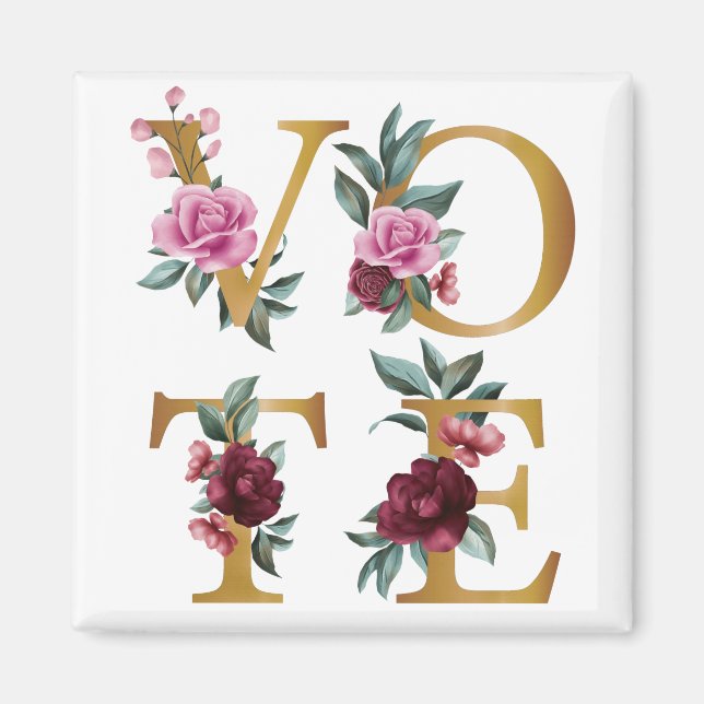 Imã Dourada Burgundy Floral Elegante Feminina Vá Votar (Frente)