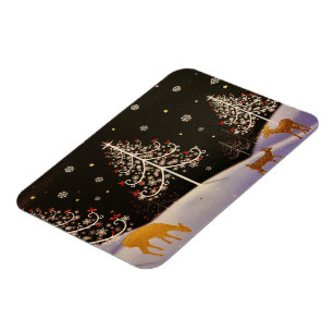 Ímã Dourada Vintage Deer Family em Snowy Christmas For