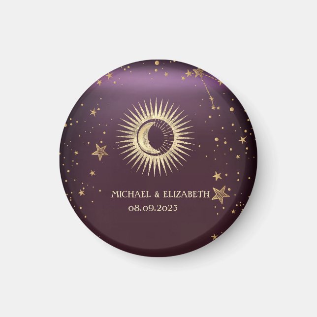 Imã Dourado Celestial Sol E Lua Estrelas Borgonha (Frente)