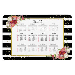 Ímã Dourado Floral Preto-Branco   Calendário 2022